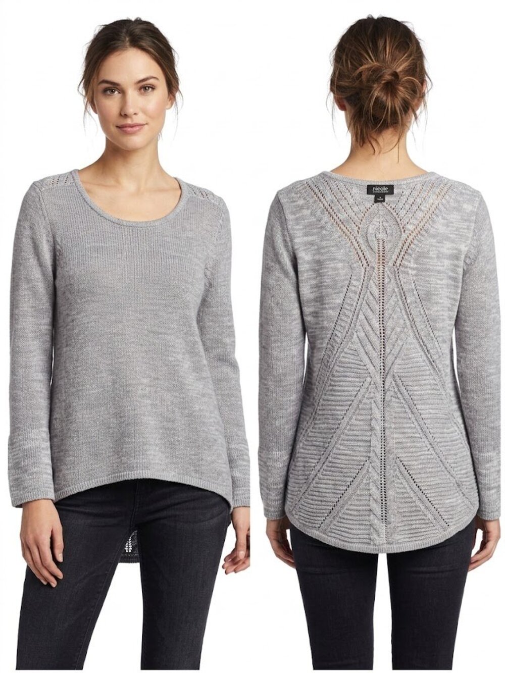 Nicole by Nicole Miller Grey Knit Sweater Top Large Cable Knit Back Detail Chic